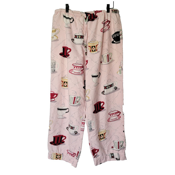 Nick & Nora Coffee Cups Tea Cups Pink Flannel Drawstring Pajama Bottoms Womens M - Picture 1 of 12